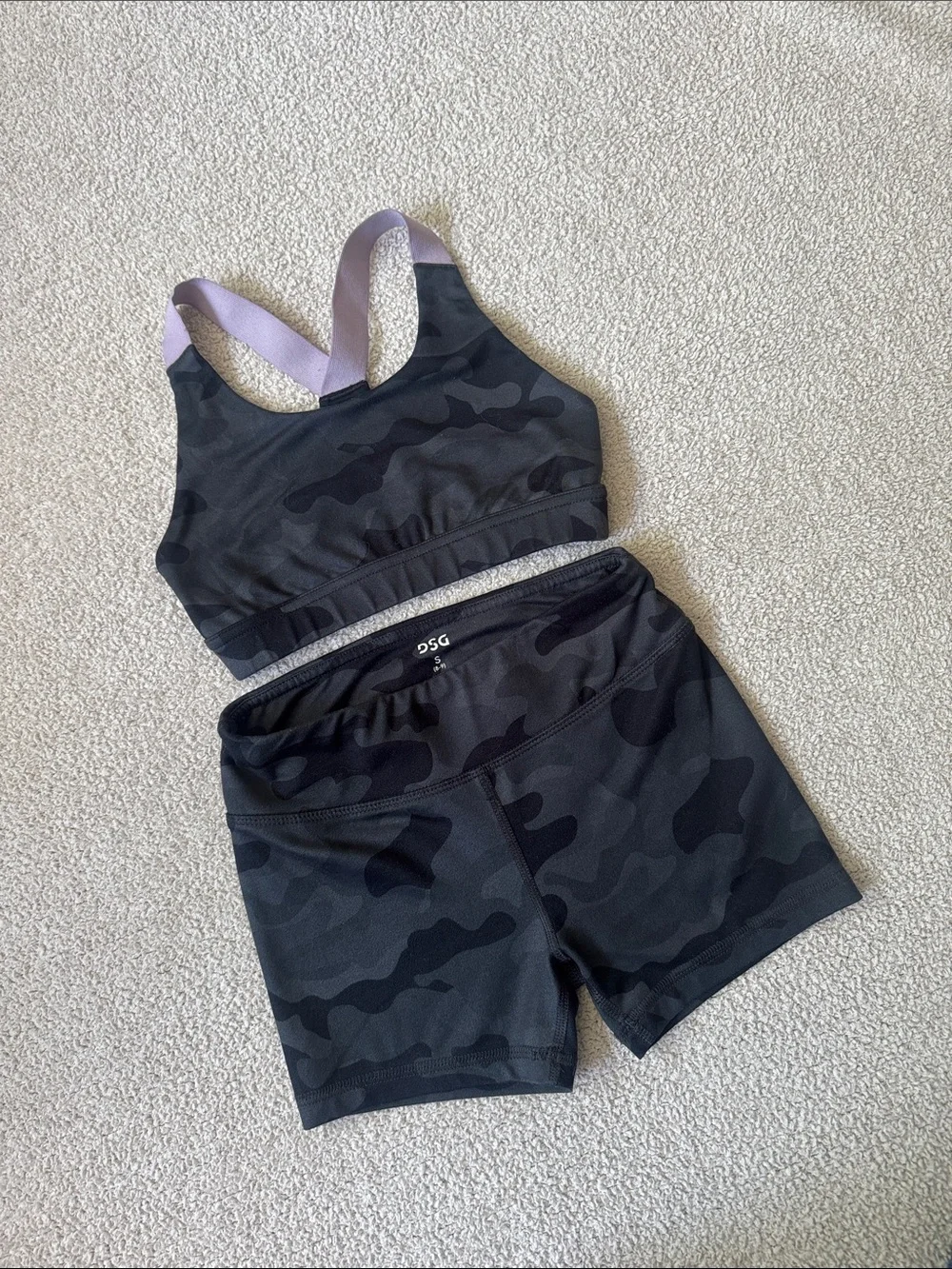 DSG Girls Black Camo Sports Bra and Shorts Set with Lilac Straps